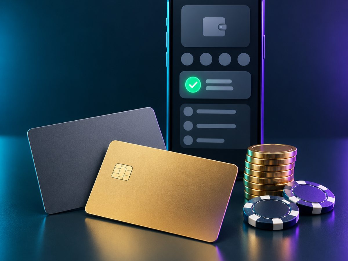Ödeme görseli: iki banka kartı, altın jetonlar ve dijital cüzdan arayüzü gösteren telefon
